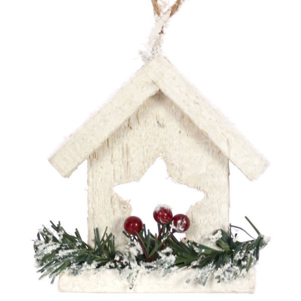 Χριστουγεννιάτικo Ξύλινo Σπιτάκι Λευκό με Γκι και Αστεράκι (10cm)